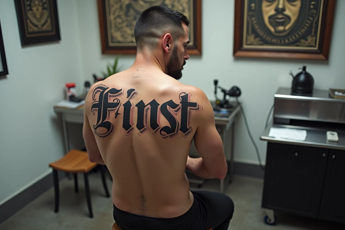 Tatouage prénom en lettres gothiques calligraphiées sur les côtes d'un homme en studio de tatouage