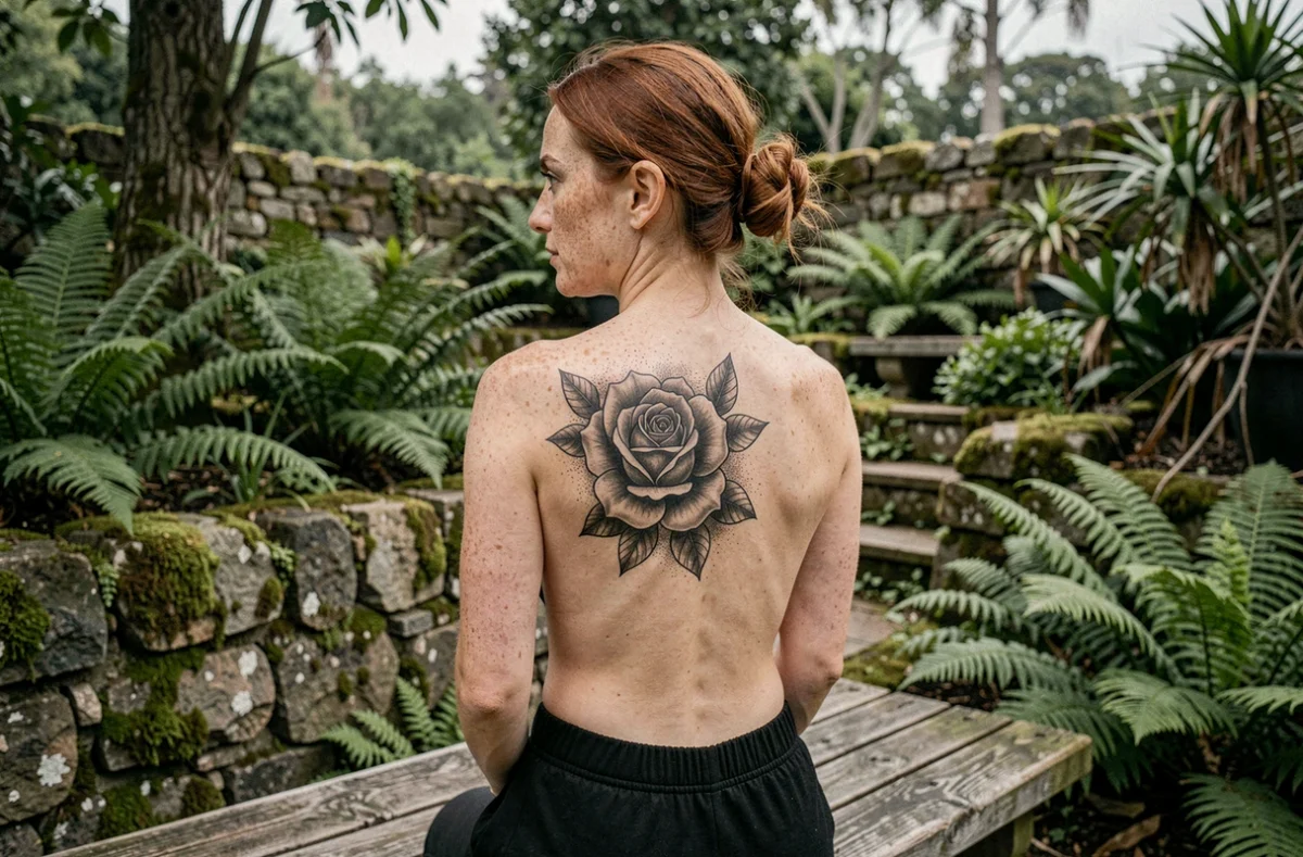 Femme de dos montrant un grand tatouage rose sur l'omoplate dans un jardin botanique verdoyant