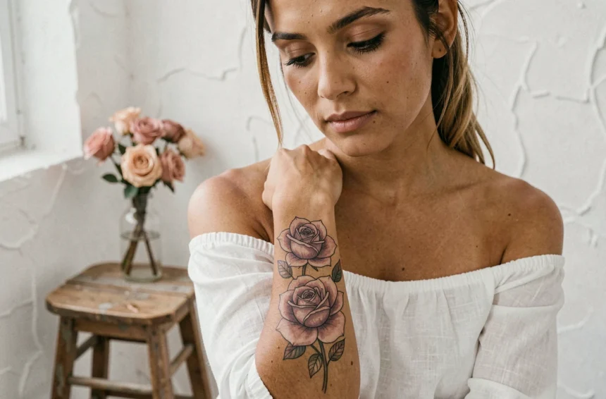 Jeune femme dévoilant un tatouage rose délicat sur l'avant-bras, représentant douceur et féminité