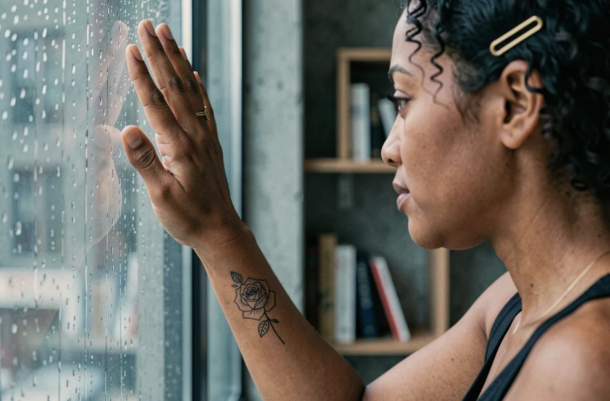 Femme posant son poignet tatoué d'une rose fine contre une vitre embuée dans un appartement urbain