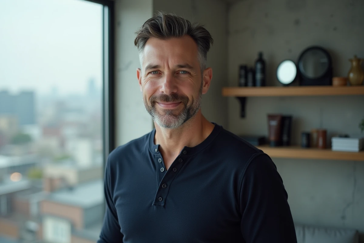 Homme peau claire aux tempes grisonnantes avec une teinture brun cendré foncé, portrait naturel dans un appartement moderne