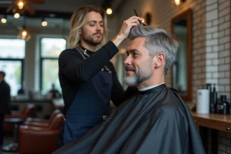 Homme de 40 ans se faisant appliquer une teinture grise par un coiffeur dans un barbershop moderne et stylé