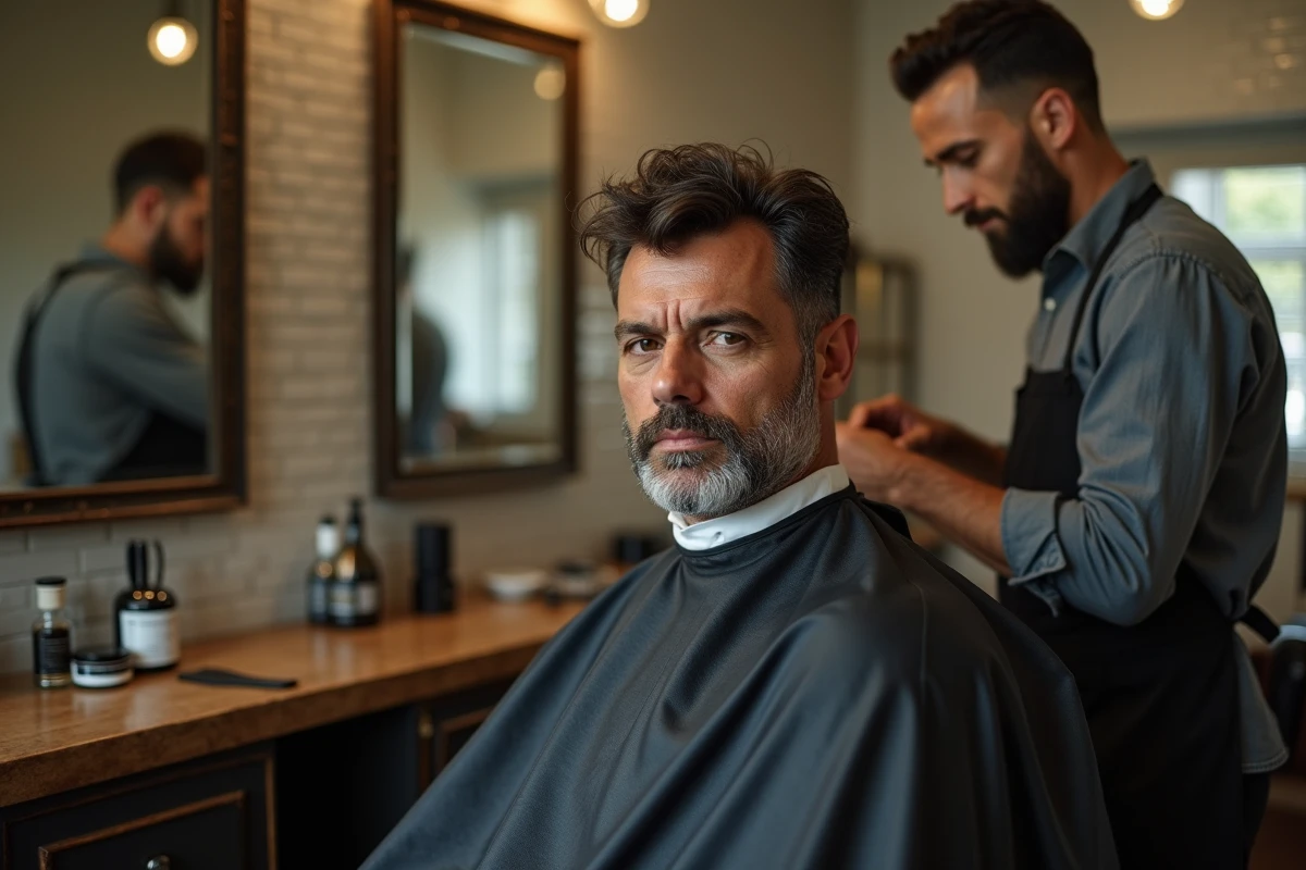 Homme à peau mate avec une teinture noir espresso assis chez le barbier, résultat naturel de coloration cheveux blancs