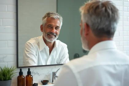 Homme aux cheveux poivre et sel teints en châtain chaud devant un miroir de salle de bain, peau mate et teint olivâtre