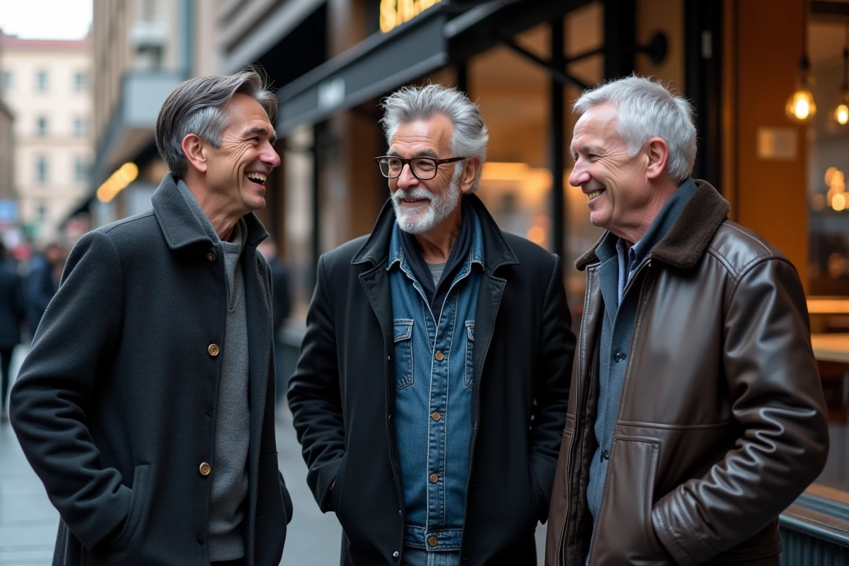 Trois hommes de générations différentes arborant fièrement des cheveux gris teints dans une rue animée de la ville