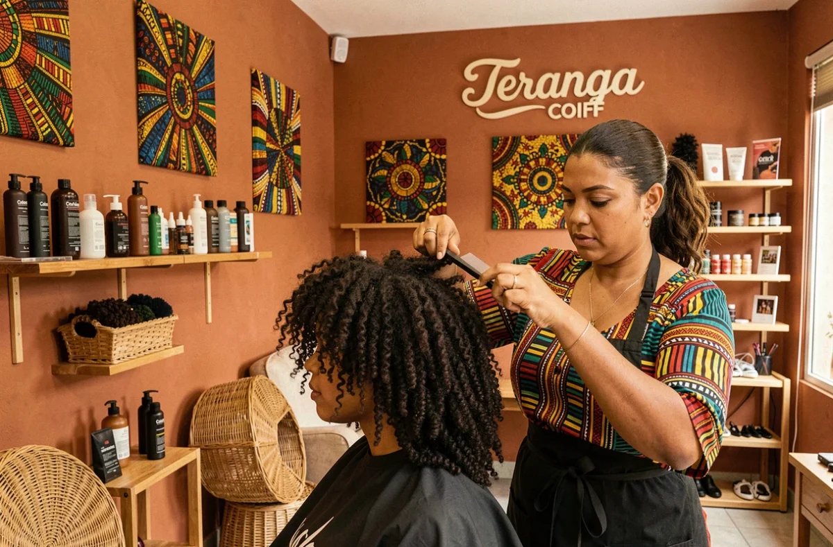 Teranga Coiff à Caen, salon de coiffure afro avec décoration colorée et coiffeuse travaillant sur cheveux naturels