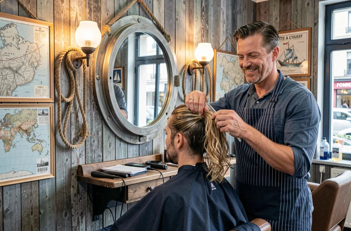 Salon Tête à l'Ouest au Havre avec décoration maritime et coiffeur au travail