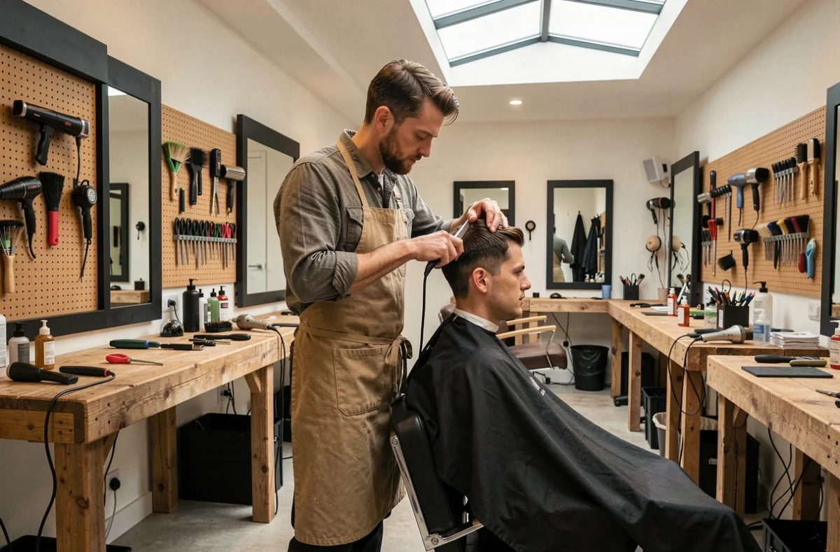 The Workshop à Caen, espace de coiffure au style atelier artisanal avec coiffeur au travail