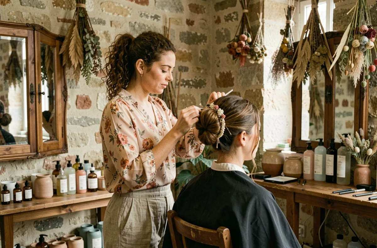 Coiffeuse créative réalisant un chignon bohème dans le cadre atypique et végétal du salon Une Pensée Sauvage à Brest