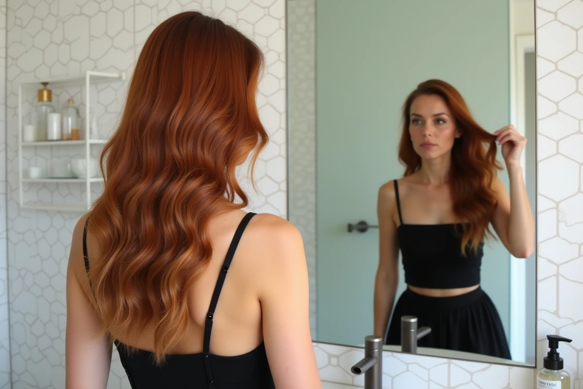 Femme aux longs cheveux auburn en vagues naturelles effet plage préparant sa coiffure de soirée dans une salle de bain moderne avec un spray sel de mer sur l'étagère