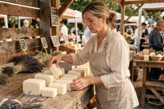 Artisane présentant des savons au lait d'ânesse faits main sur un étal de marché avec des étiquettes de prix en ardoise