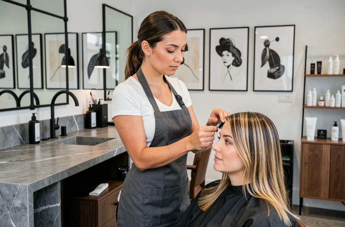 Coloriste experte réalisant un balayage sur une cliente dans le salon élégant Viva la Vie By Jean-Luc Madec à Plozévet