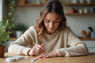 Femme en train d'enlever du gel sur ses ongles dans une cuisine chaleureuse