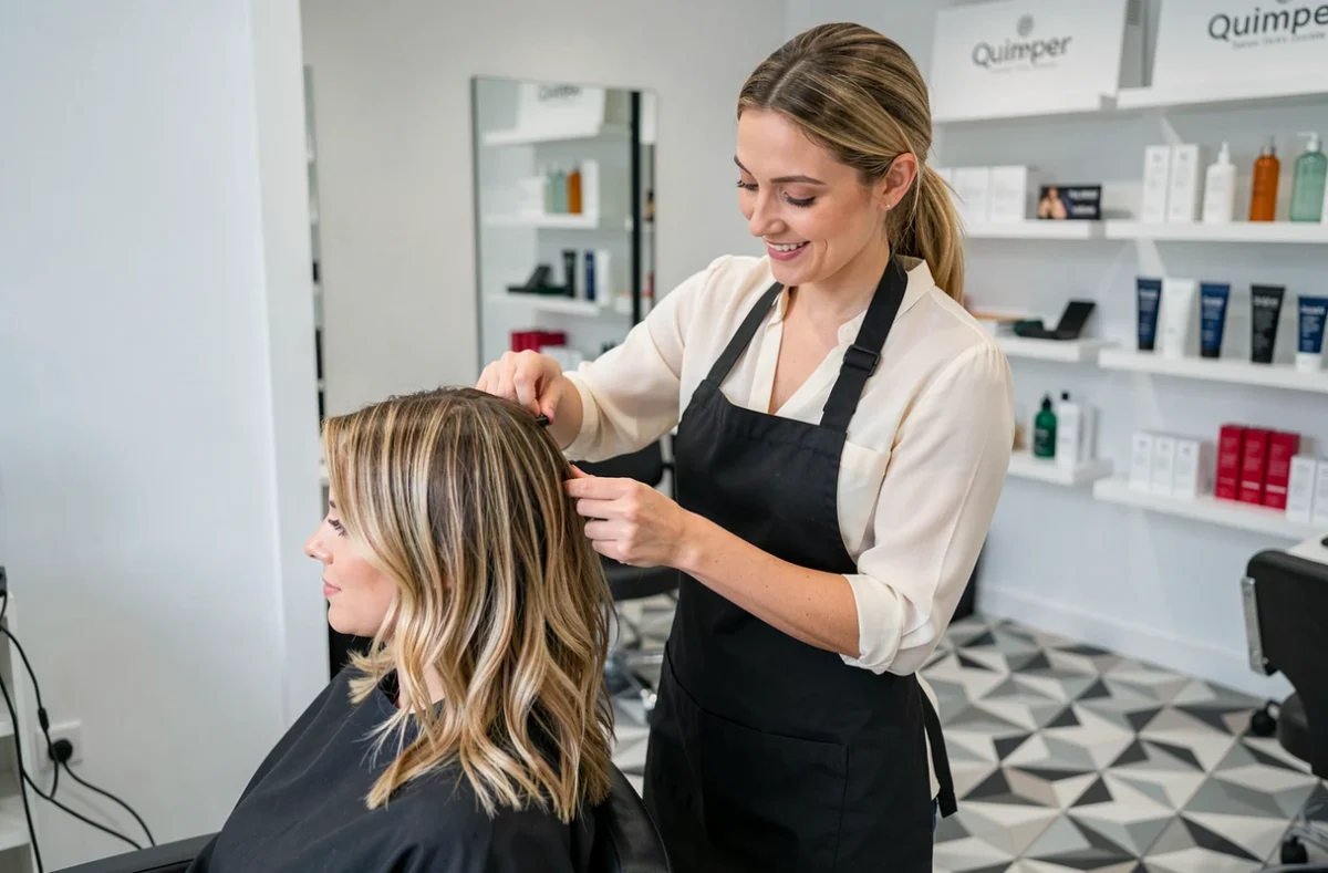 Coiffeuse professionnelle réalisant une coupe de cheveux soignée sur une cliente dans le salon Zeni'tif Coiffure à Quimper